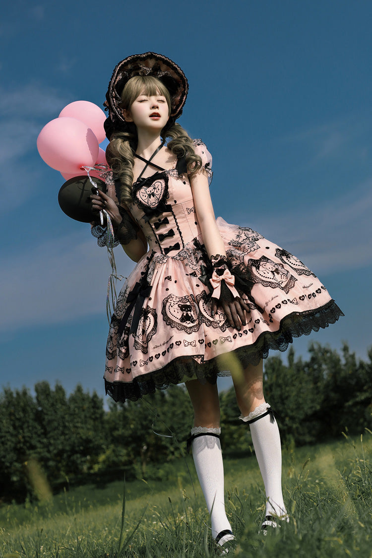 Pink Square Neck Short Sleeve Embroidered Bow Sweet Dress with Bow Train - Sugar Bear