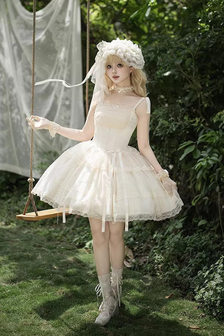Cream Letters Poems Confession Square Collar Sleeveless Frilled Bow Lace Fishbone Sweet Lolita JSK Dress Two Variants