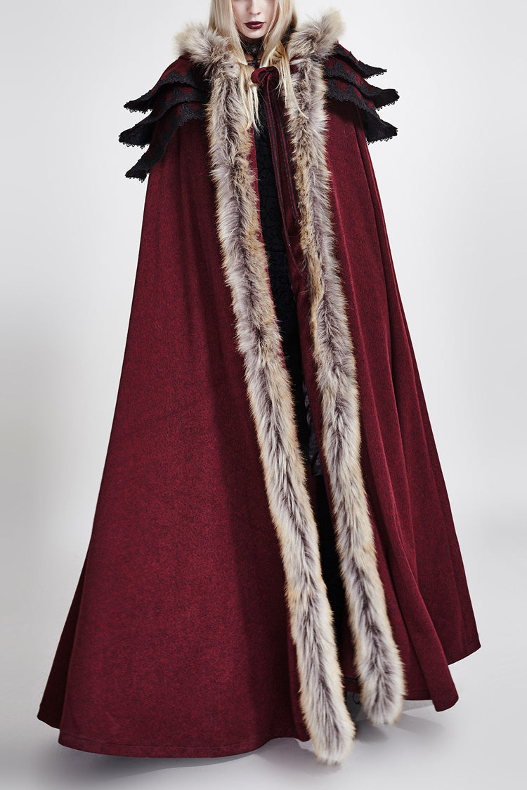 Crimson Hooded Fur-Collar Wool Gothic Cloak Coat