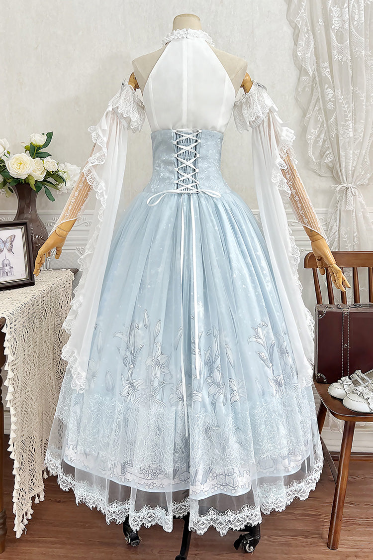 Snow Lily Print Ruffle Hanayome Embroidery Lace-Up Elegant Princess Lolita Skirt Set in Blue