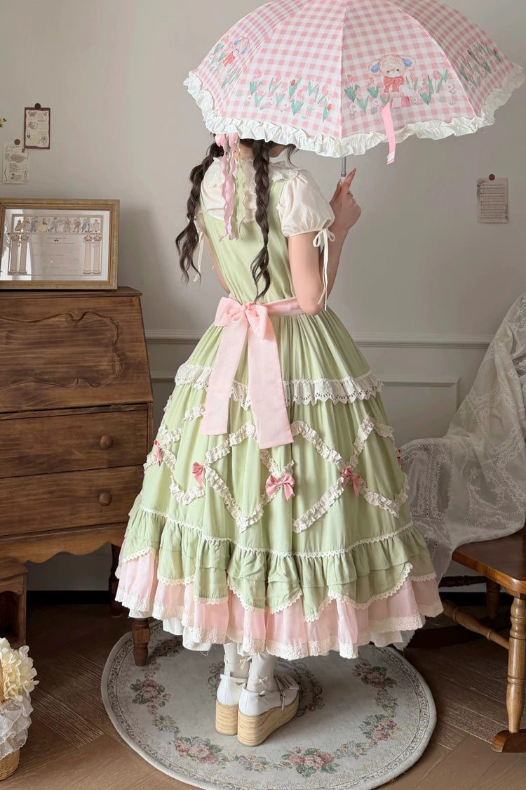 Sweet Lolita JSK Dress with Ruffled Open-Front Bow - Green