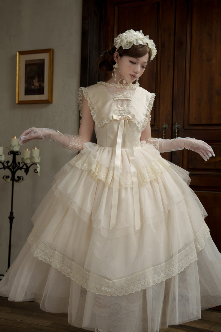 Ivory Elegant Dress with Triple Ruffles and Bow Embellishments - Dream by the Pillow