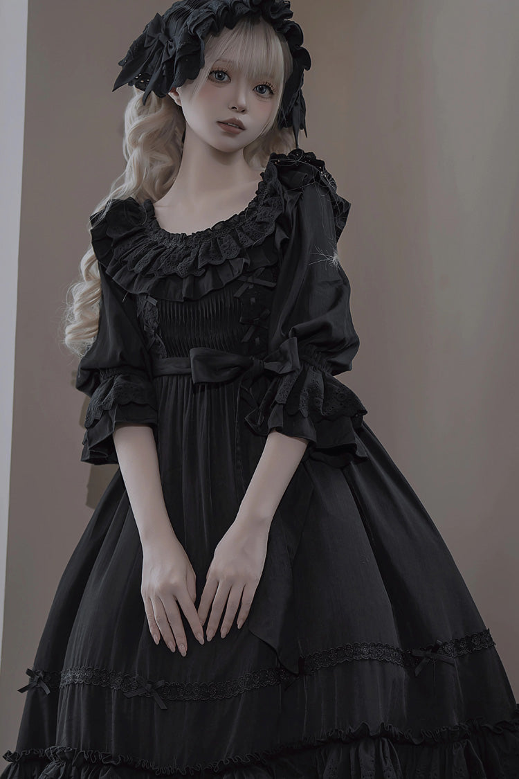 Good Morning Short Sleeve Ruffle Bow Lace-Up Gothic Dress in Black