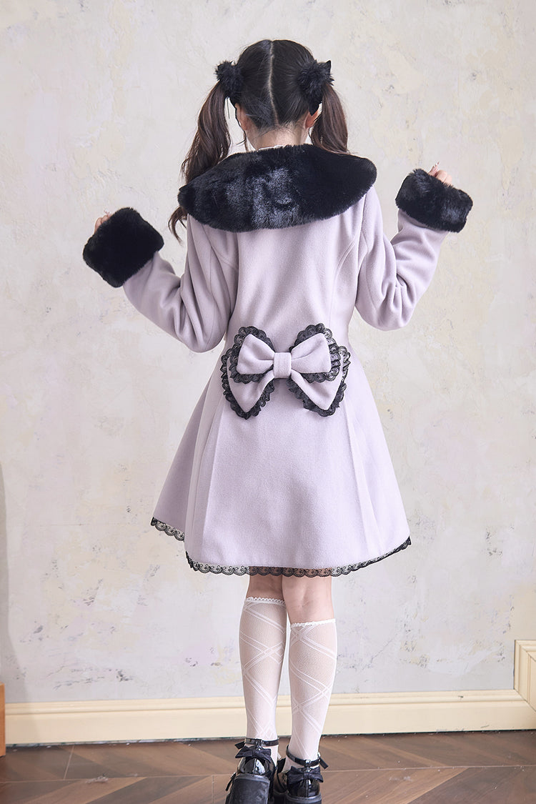 Plush Collar Waist-Cinched Long Sleeve Bow Lace Coat - Lolita Outerwear