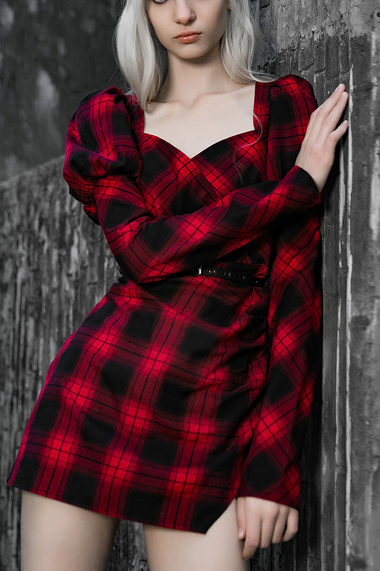 Lattice High Waist Long Sleeve Steam Punk Belted Dress - Black/Red