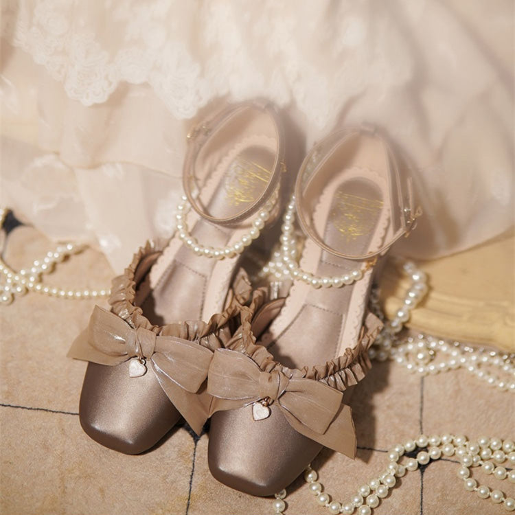 Sweet Lolita Footwear with Bow, Lace, and Pearl Accents in 4 Colors