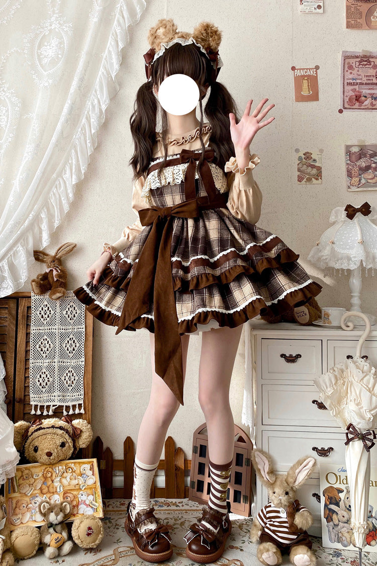 Caramel Cocoa Double-Layered Print Ruffle Bow Sweet JSK
