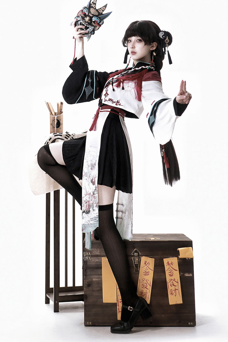 Multi-Color Asymmetric Chinese Ouji Skirt with Demon Print - Walking With The Demon