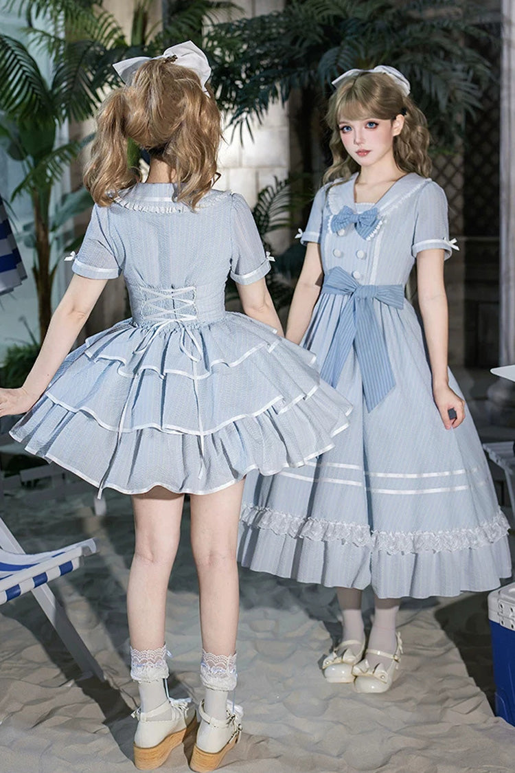 Sweet Lolita Dress with Printed Ruffled Bow and Navy Collar - Blue