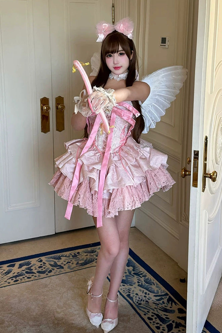 Princess Ballet Sweet Lolita JSK Dress with Ruffled Bow and Lace-Up - Pink