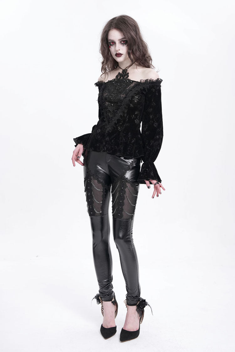 Gothic Pants with Faux Leather Stitching Lace and Chain