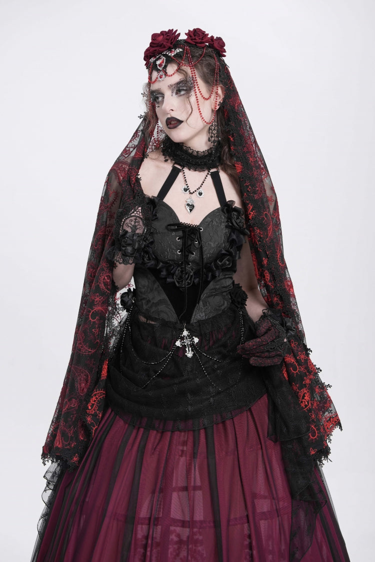 Elegant Black Rose Heart Lace Embroidered Sleeveless Halter Gothic Shirt