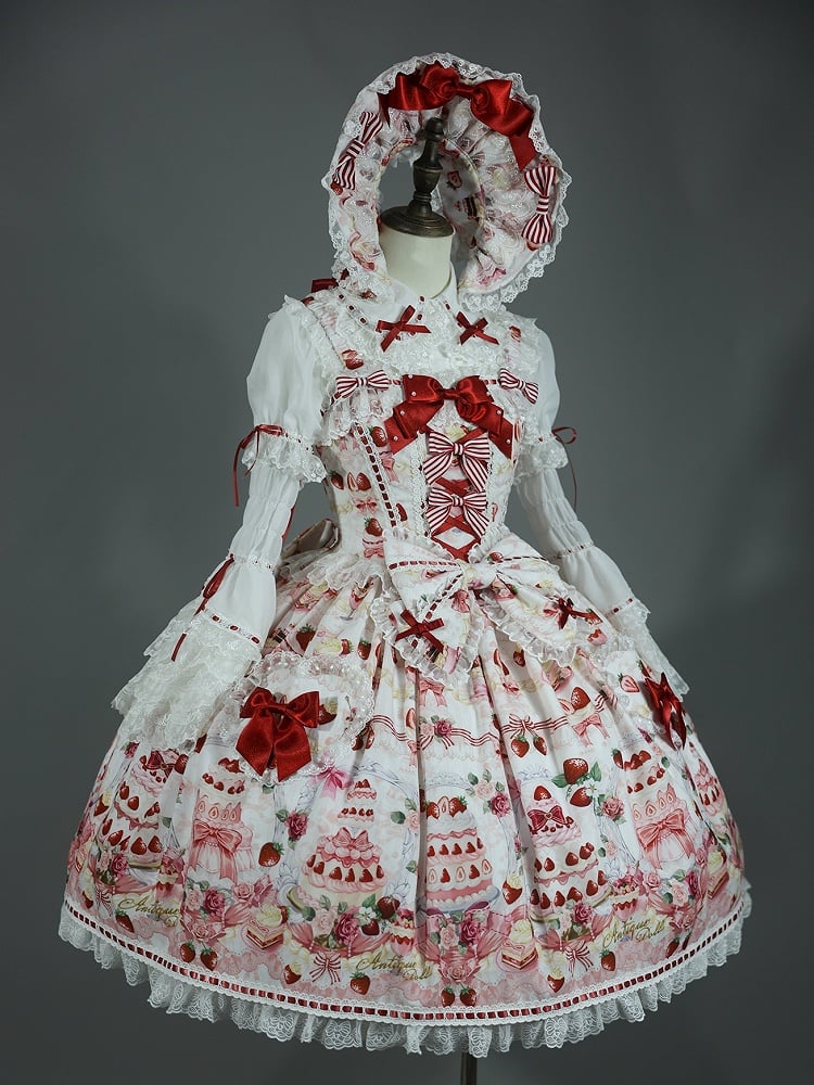 and Sweet Full Bow Desserts Lolita Set Print White / JSK Accents Strawberry