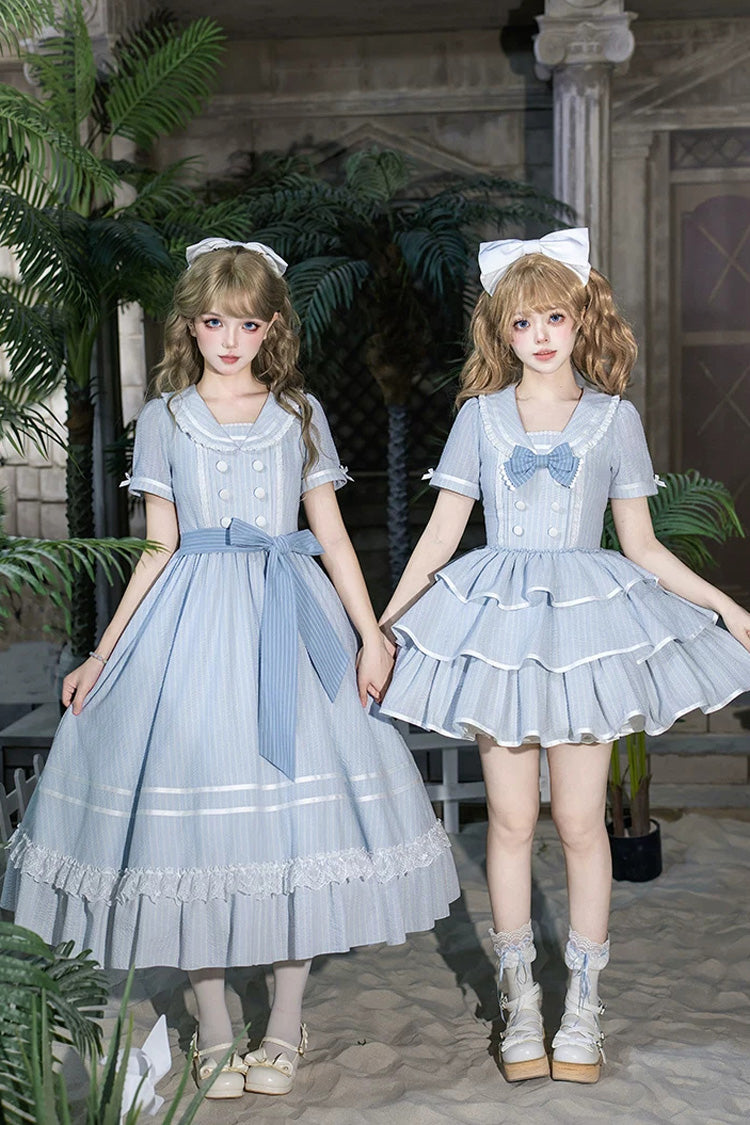 Sweet Lolita Dress with Printed Ruffled Bow and Navy Collar - Blue