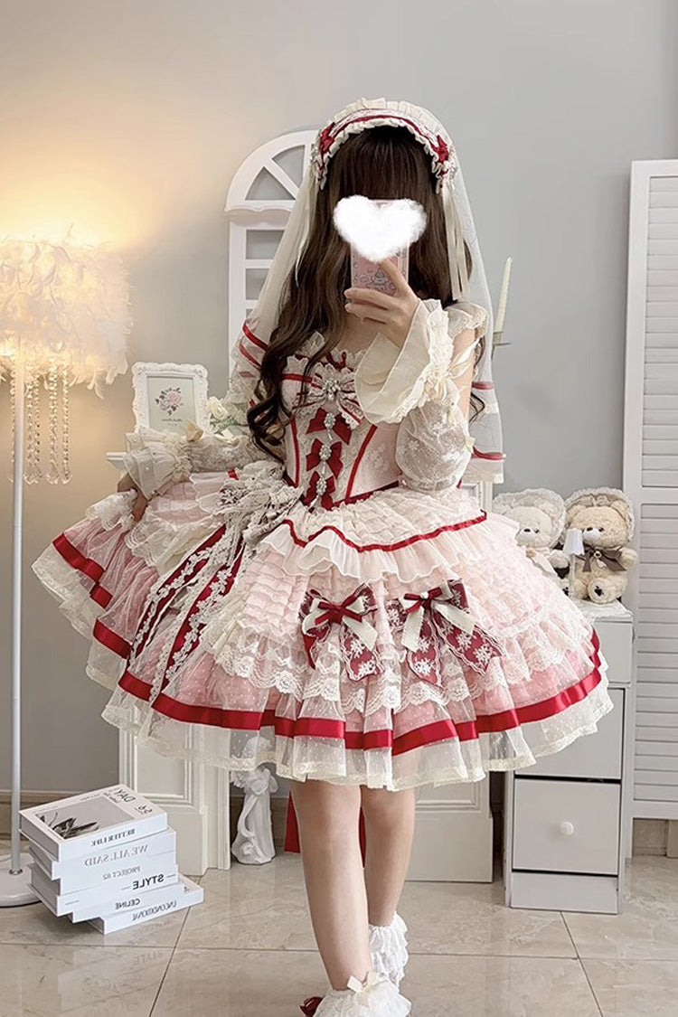 Moonstone Sleeveless Ruffle Embroidery Bow Lace Fishbone Princess Dress in Pink