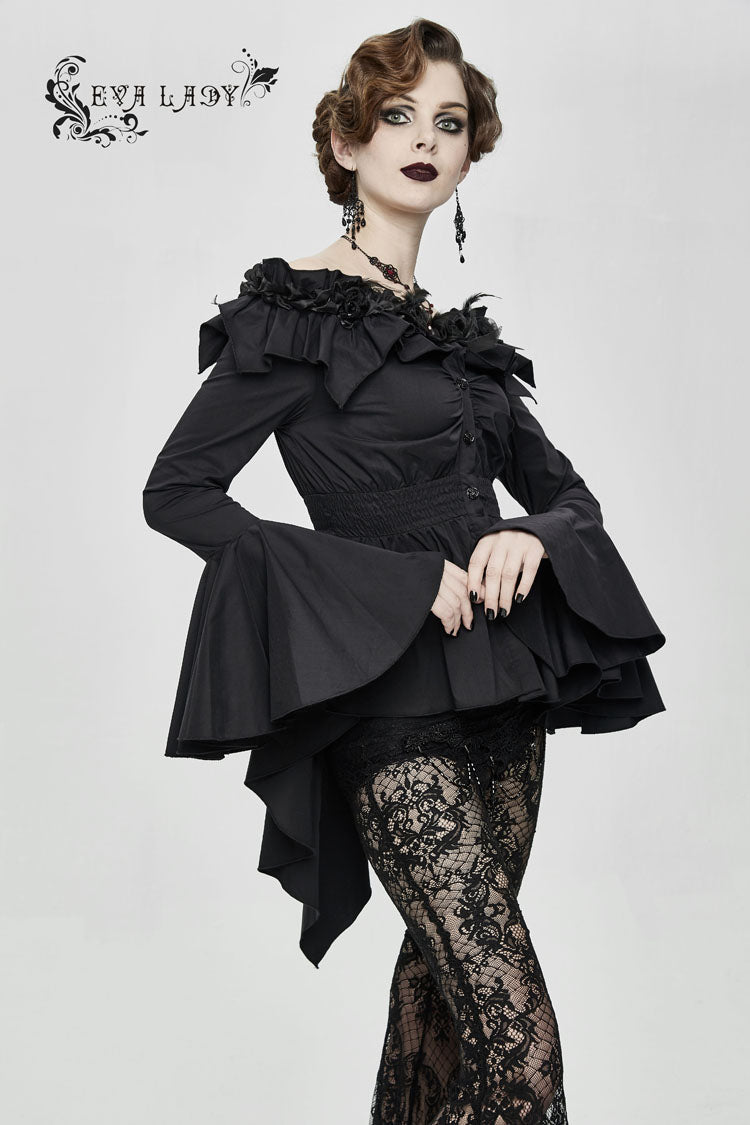 Ink Rose Flower-Decorated One-Word Collar Long-Sleeve Flare Cuff Gothic Blouse for Women