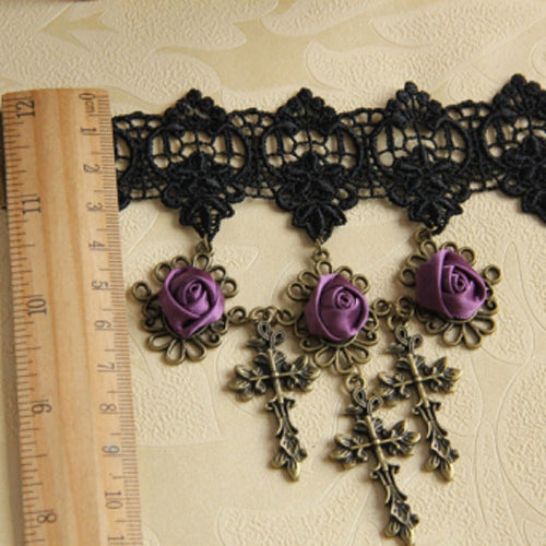 Gothic Lolita Retro Wedding Purple Rose Cross Black Lace Armband Bracelet