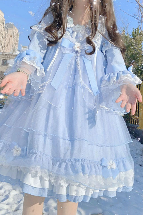 Azure Bow-Adorned Flared-Sleeve Ruffled Tiered Sweet Lolita Gown