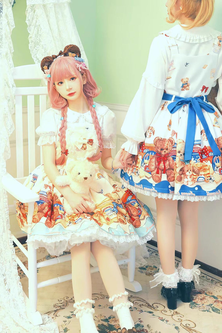 Honey Bear Cafe Printed Bow Lace Sweet Lolita JSK Dress