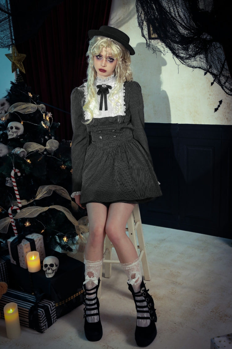 Black/White Striped Lace-Up Gothic Dress with Bow