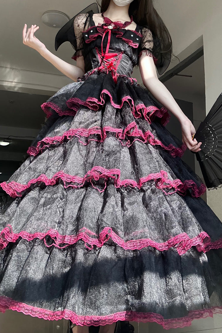 Black/Red Short Sleeves Multi-Layered Ruffled Bow Lace Plus Size Sweet Lolita Dress - Miss Brown