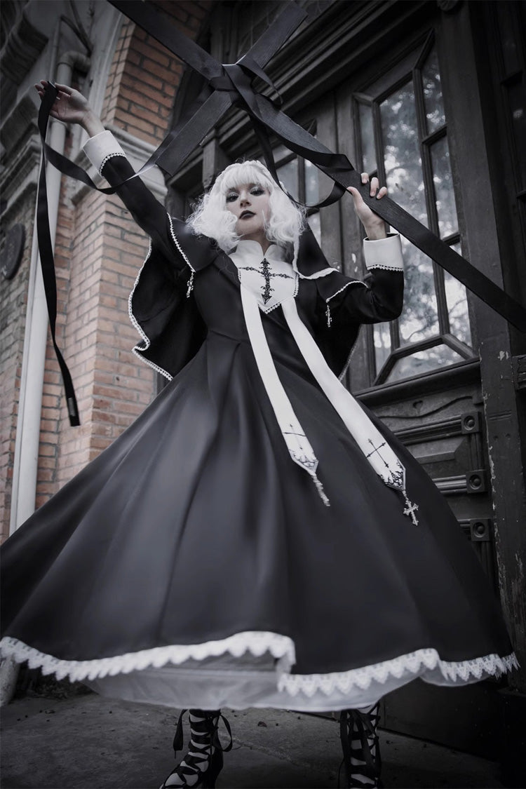 Black Stitching Lace Long Sleeve Gothic Elegant Lolita Dress - Nun