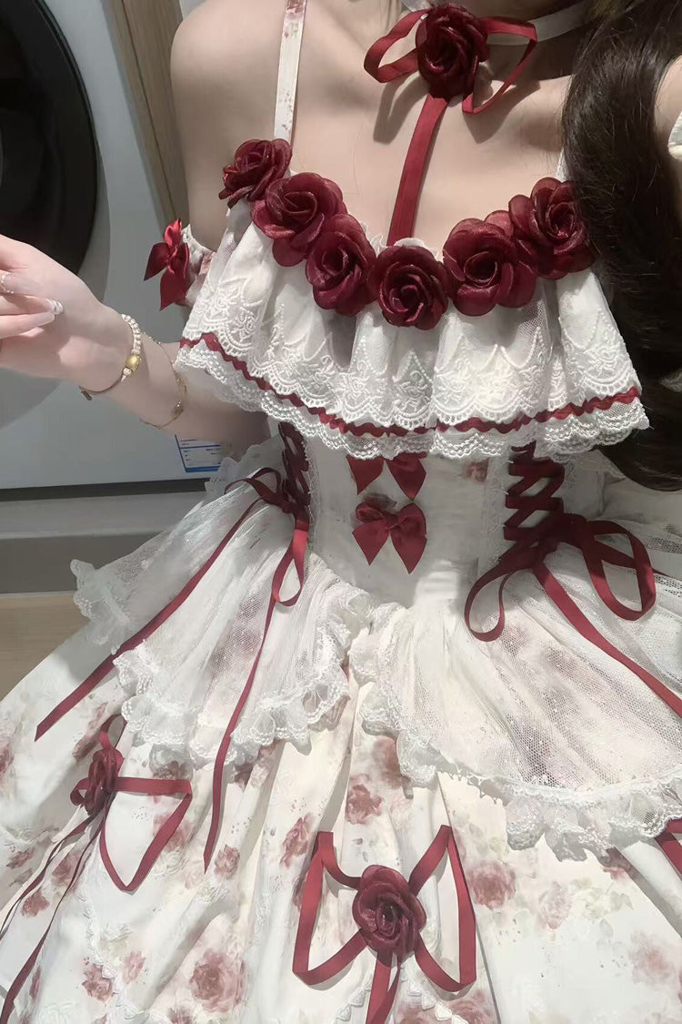 Ivory and Crimson Love Note Sleeveless Multi-Layer Printed Bow Lace-Up Gothic Lolita JSK Set