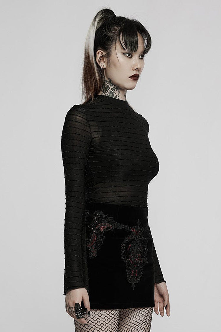 Gothic Velvet Tee with Striped Flared Sleeves, Asymmetric Hem