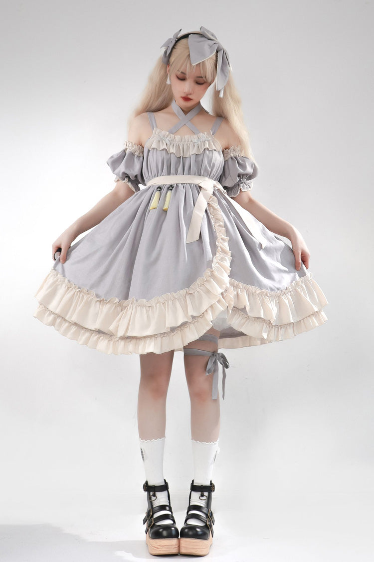 Sleeveless High Waist Ruffle Bow Asymmetric Sweet Lolita Jumper Dress - Grey