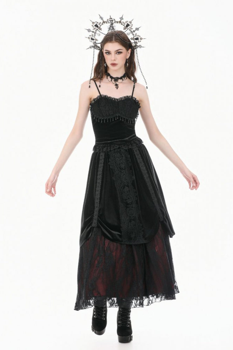 Gothic Vintage Velvet Black Lace Mesh Bustier with Beaded Tassel Drops