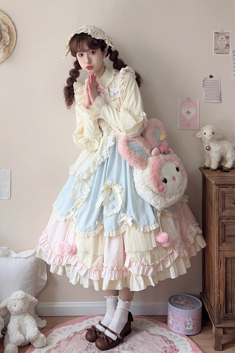 Sleeveless Multi-Layer Ruffle Bow Lace Sweet Lolita Jumper Dress Long - Multi Color