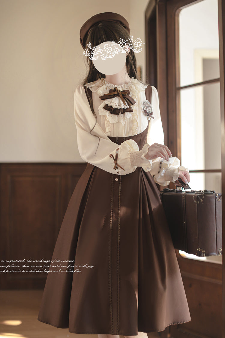 Fake Two Piece Vintage Ruffle Bowknot Lolita Dress Brown White