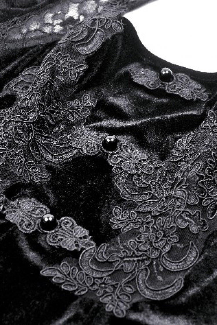 Jet-Black Gothic Evening Dress with Cutout Lace and Velvet Corset