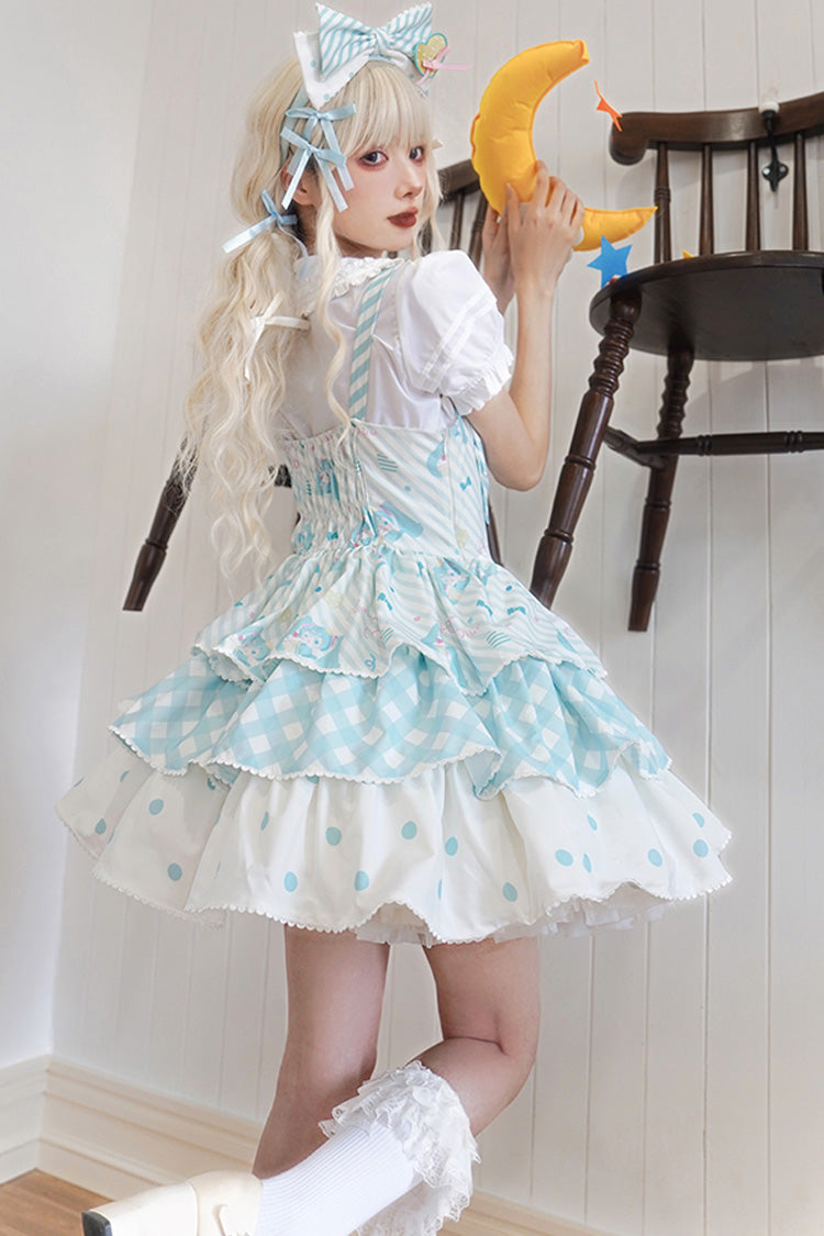 Sleeveless Triple-Layer Print Bow Sweet Lolita Jumper Dress - Blue
