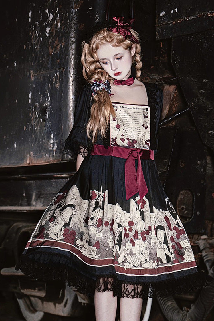 Black Print Bow Lace Gothic Lolita Dress - Two Versions