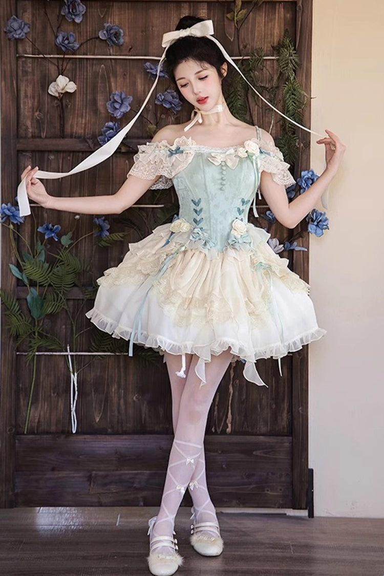 Green Off-Shoulder Bow Lace Ballet Tiered Dress