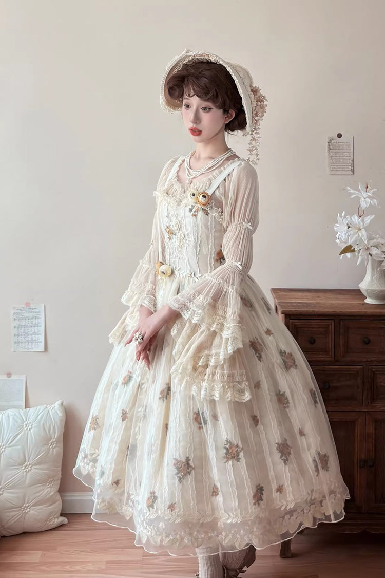 Charming Apricot Embroidered Lace Print Sweet Lolita JSK Dress