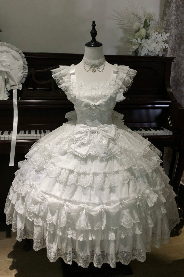 Ivory Square Collar Sleeveless Multi Bridal Embroidered Bow Lace JSK