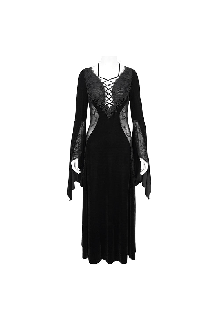 Onyx Velvet Mesh Panel Gothic Maxi Dress for Women