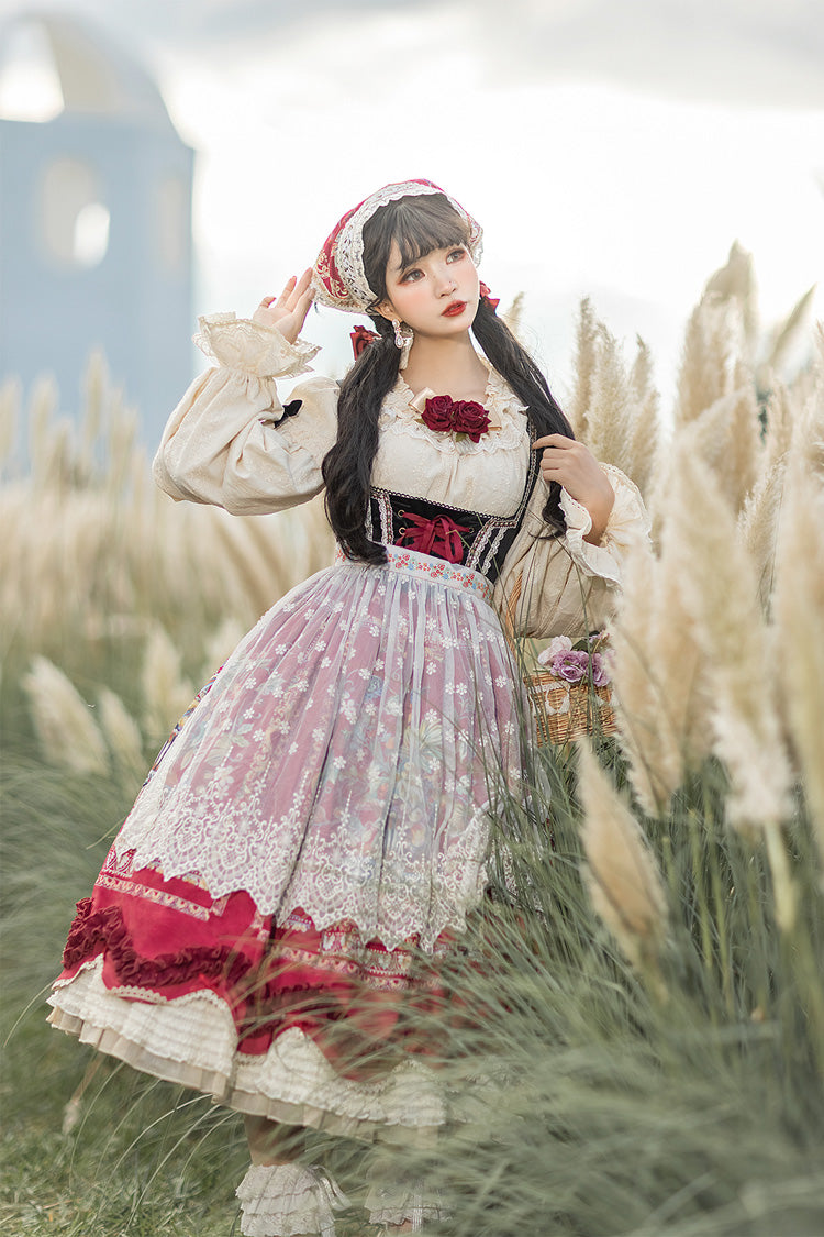 Wine Red Velvet Classic Lolita JSK Dress with Berries and Birds Print Ruffle Bowknot