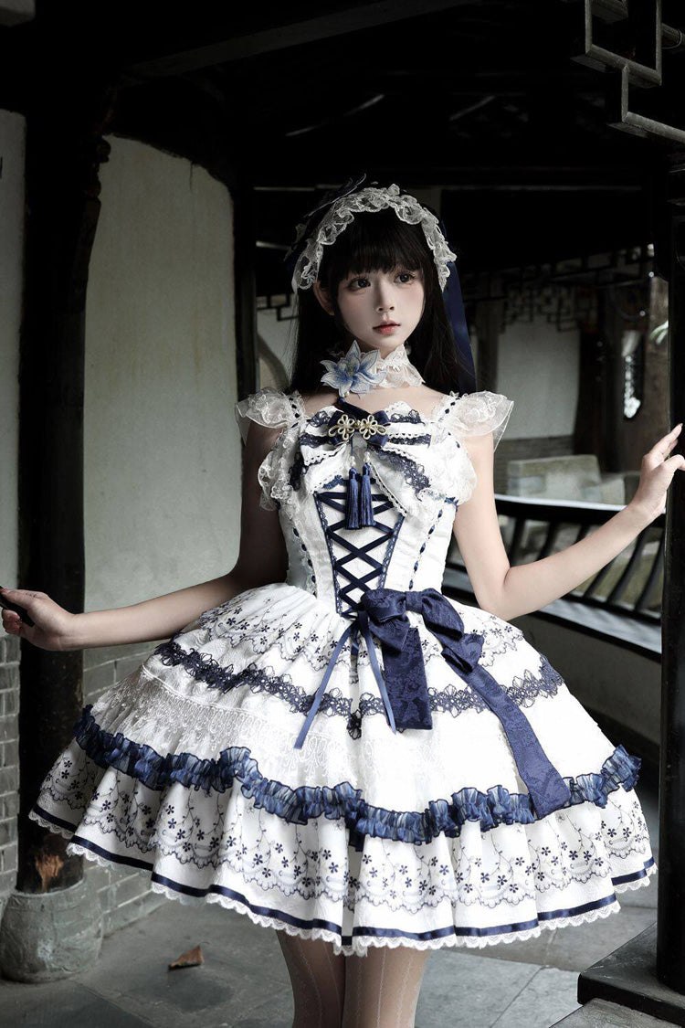 Mandarin Duck Rhapsody Sleeveless Porcelain Printed Ruffled Bow Chinese JSK