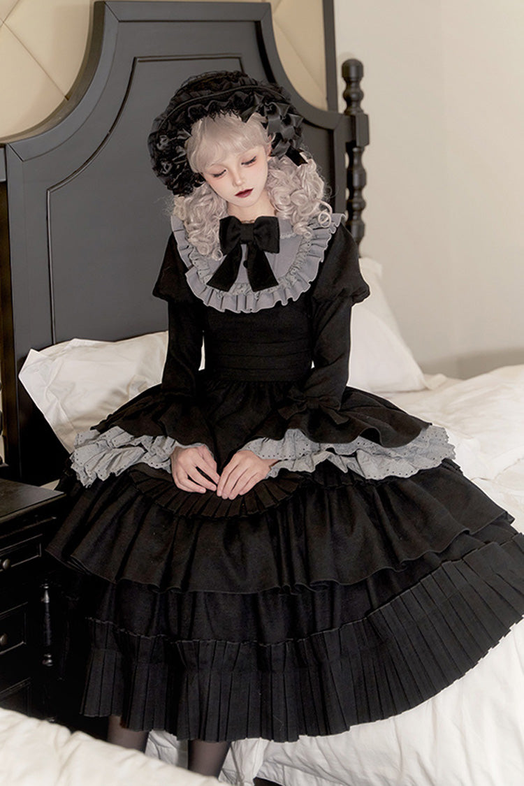 Long Hime-Sleeve Ruffled Bow Gothic Dress in Black