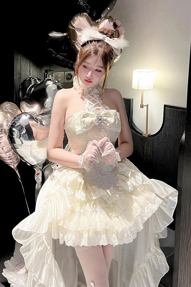 Ivory Halter Ruffled Bow Lace Princess Lolita Gown