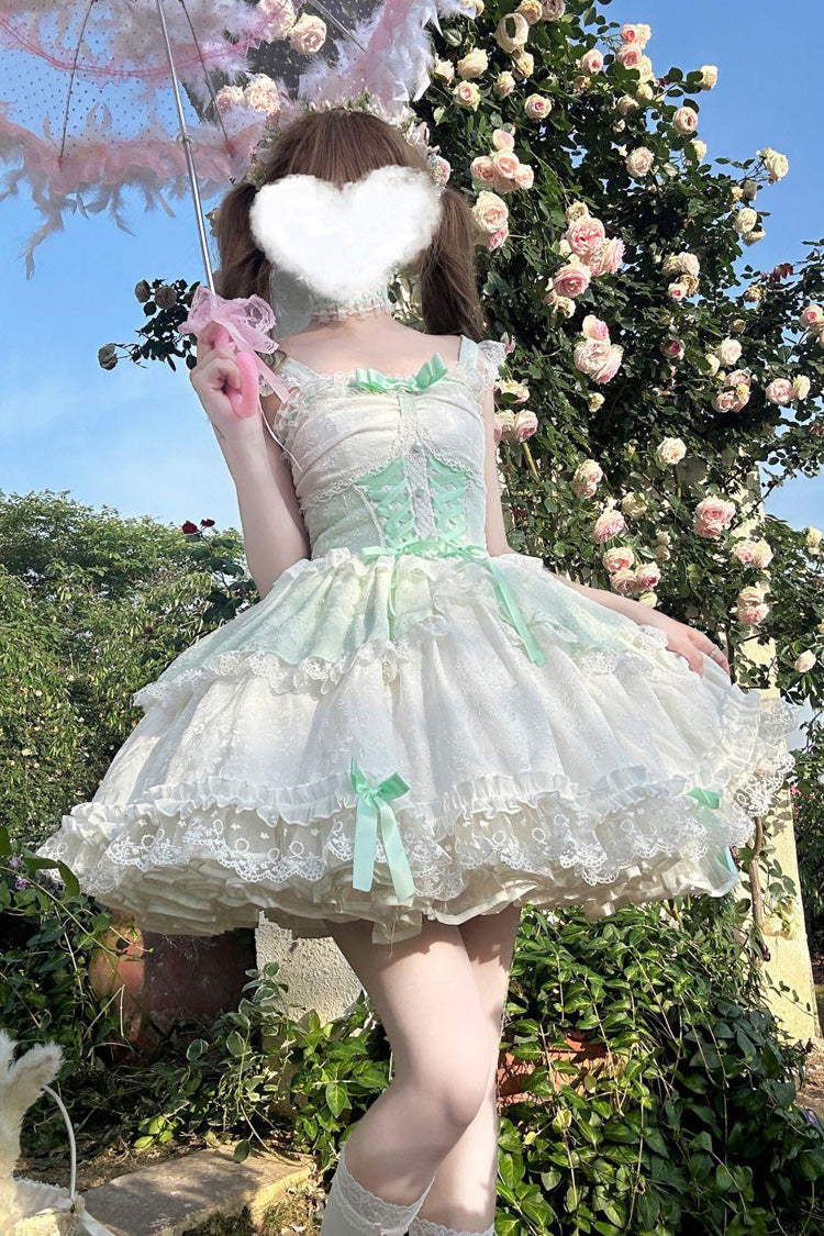 Green Leiffu Sleeveless Ruffle Bowknot Lace Lace-Up Sweet Ballet Lolita Jsk Dress