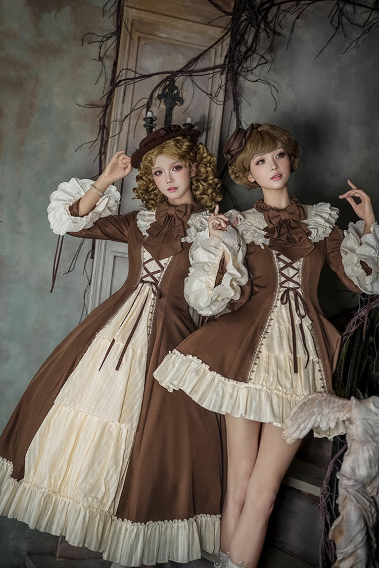 Brown Beige Nutcracker Stand Collar Long Trumpet Sleeves Ruffle Cardigan Lace-Up Sweet Lolita Dress Set
