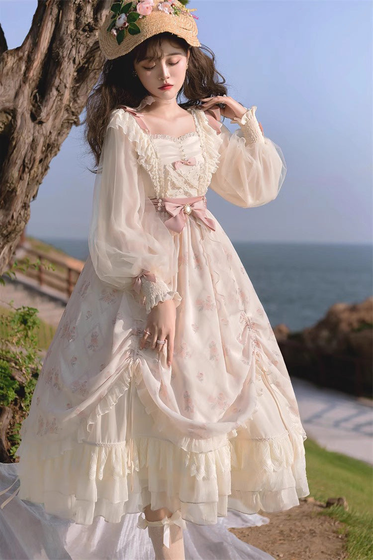 Ivory Letter Print Ruffle Bowknot Casual Elegant Lolita Dress