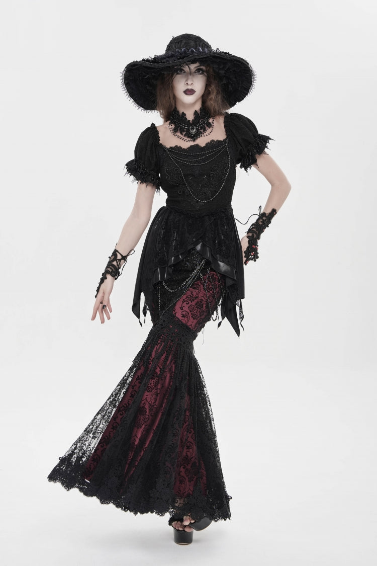 Noir & Red Embroidered Pearl-Adorned Slim Gothic Skirt