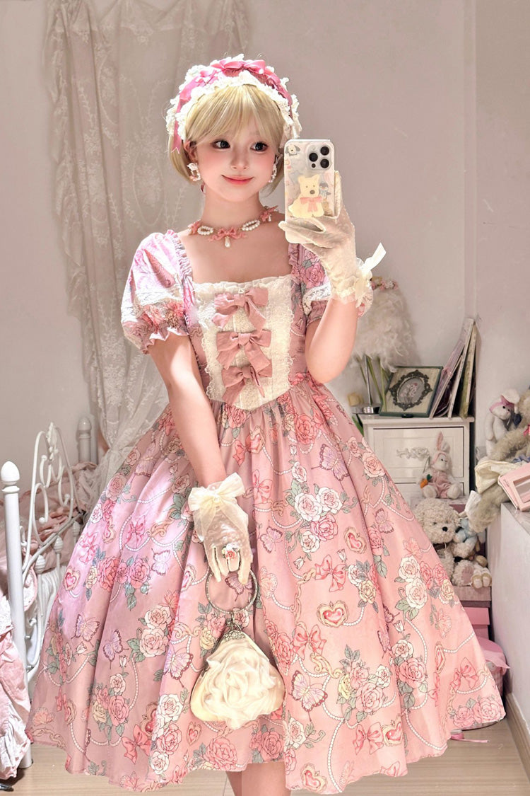 Pink Rose Print Puff-Sleeve Ruffle Bow Plus-Size Lolita Dress