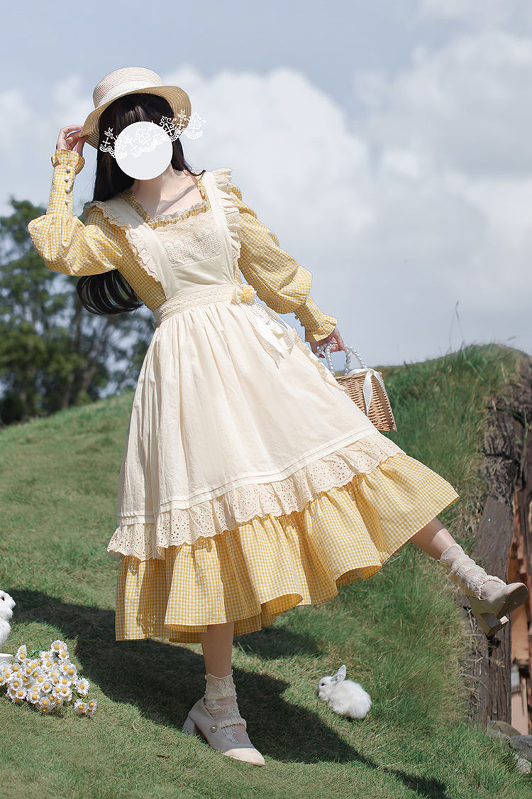 Yellow Long Sleeve Print Dress with Lace-Up and Ruffles