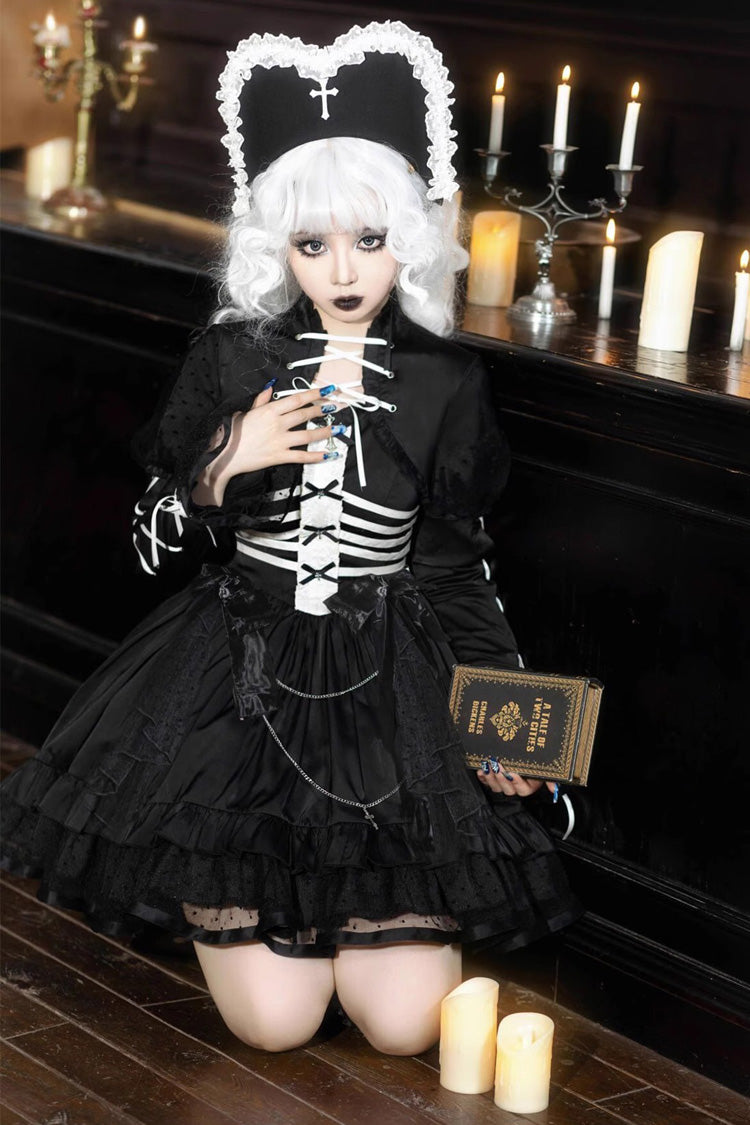 Black Prisoner Illusion Long-Sleeve Multi-Ruffle Bow Gothic Lolita JSK